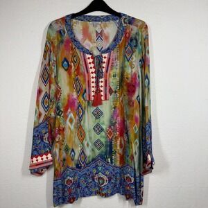 John Mark Embroidered Print Split V Neck Cinch Sleeve Tassle Tie Front Tunic 1X